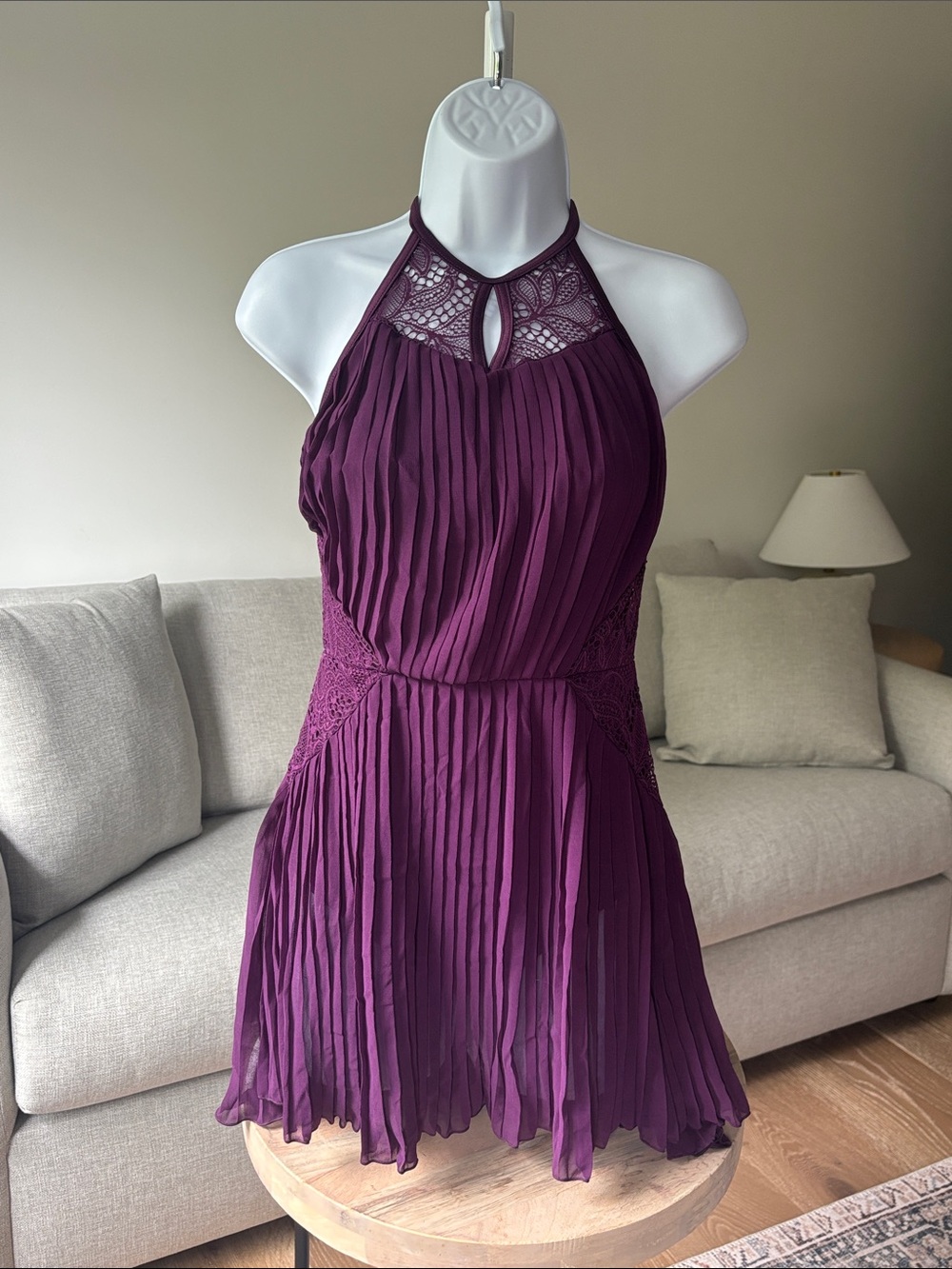 Weissman Plum Halter Pleated Lace Mini Dress